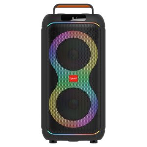 Front view of DigitalX PartyMate X202 Bluetooth portable party speaker with dual drivers, multicolor RGB lighting and carry handle