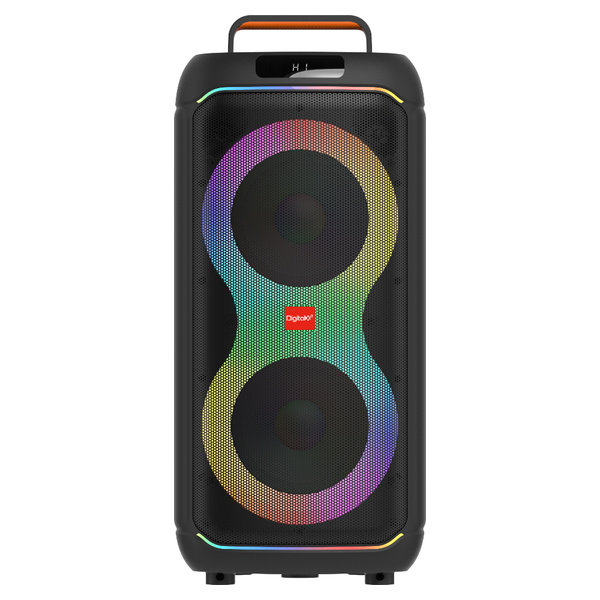 Front view of DigitalX PartyMate X203 Bluetooth portable party speaker with dual drivers, multicolor RGB lighting and carry handle