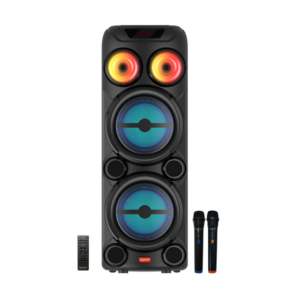 DigitalX PartyMate X303 Bluetooth party speaker with LED lighting, two wireless microphones and remote control.