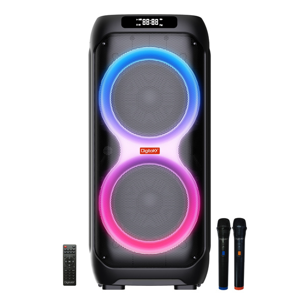 Front view of DigitalX PartyMate X402 60W Bluetooth party speaker with RGB lighting, two wireless microphones and remote control