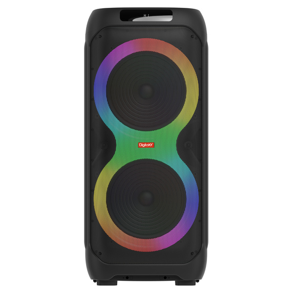 Front view of DigitalX PartyMate X403 Bluetooth portable party speaker with dual drivers and multicolor RGB lighting